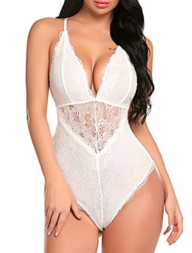 Avidlove Women Lingerie Snap Crotch Teddy Deep V Sexy Lace Bodysuit