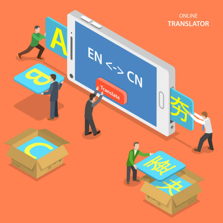 Online translator concept. People are translating from English to Chinese using mobile phone.